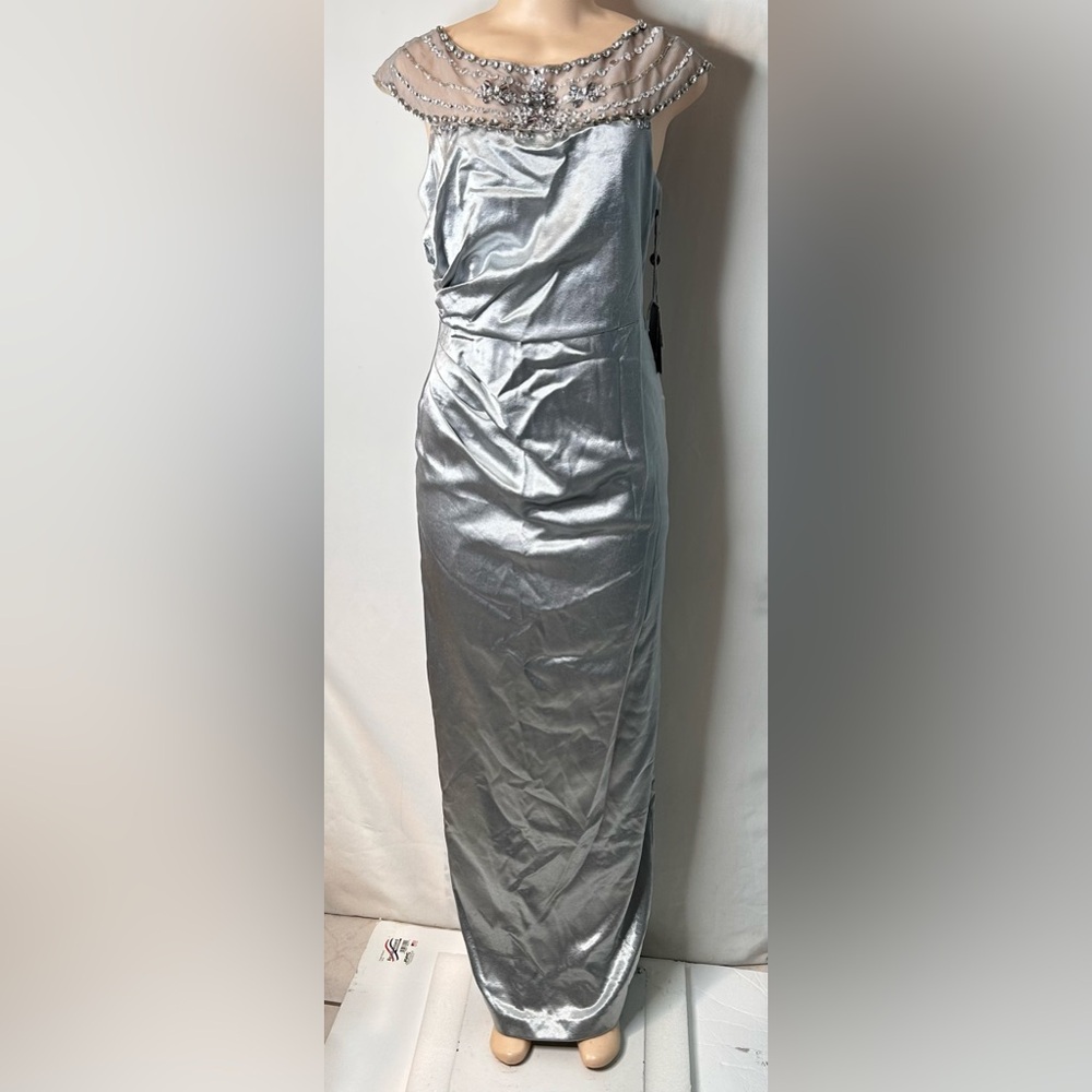 NWT ADRIANNA PAPELL Women's Embellished Mesh Satin Icy Mint Gown DressPleated 12